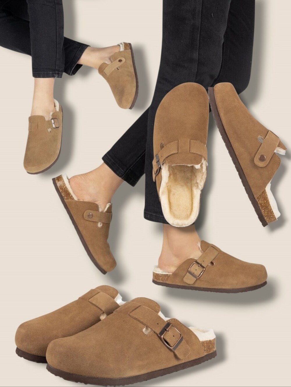 New 🤎 Emma New York Women's Nina Light Brown Fur/Suede/Leather Cork Sole Clogs